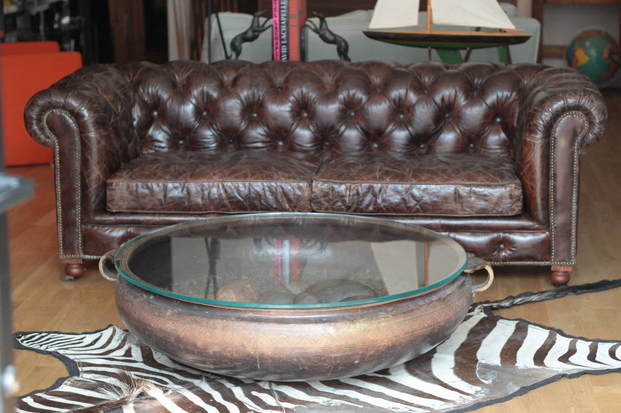 Brass Indian Coffee Table with Large Shiva Lingam Stones