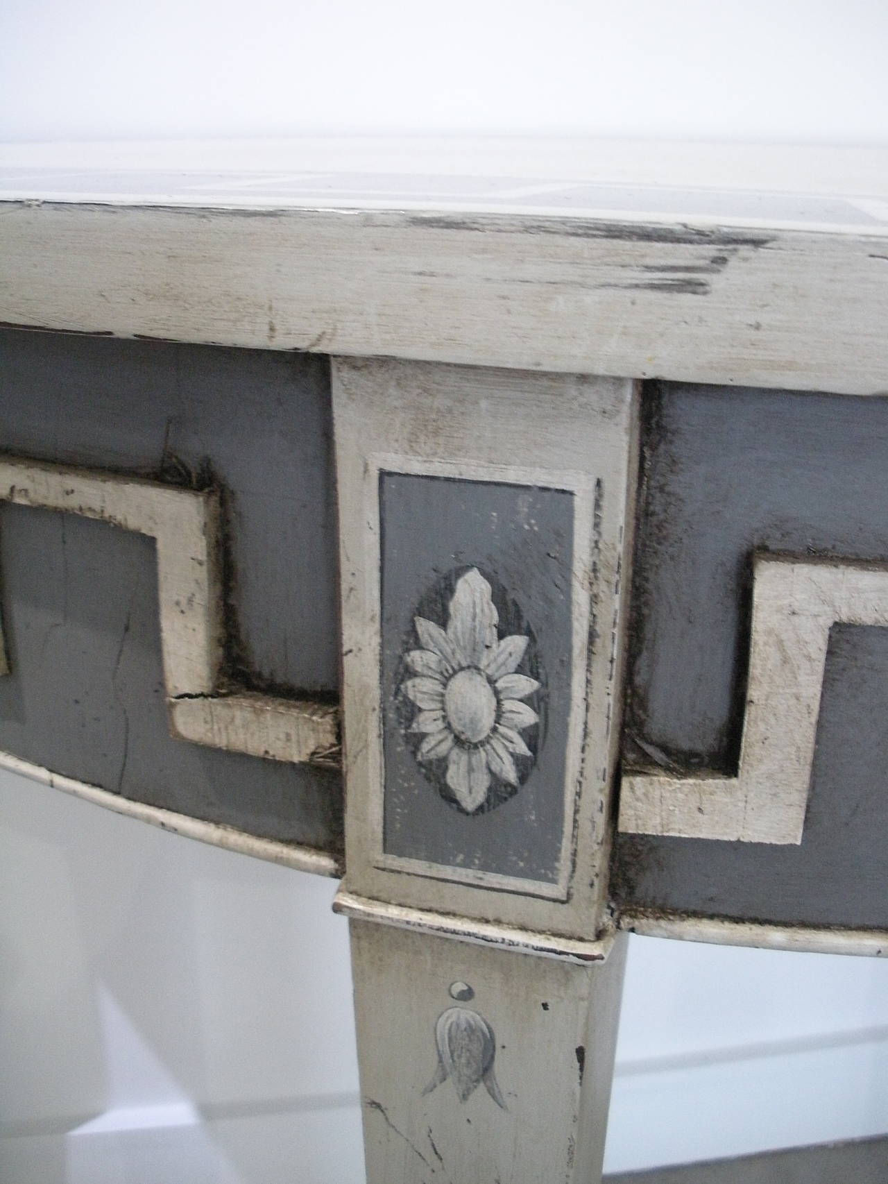 19th Century Pr. of Painted French Regency-Style Demi-Lune Consoles Greek-Key:  1830 C.