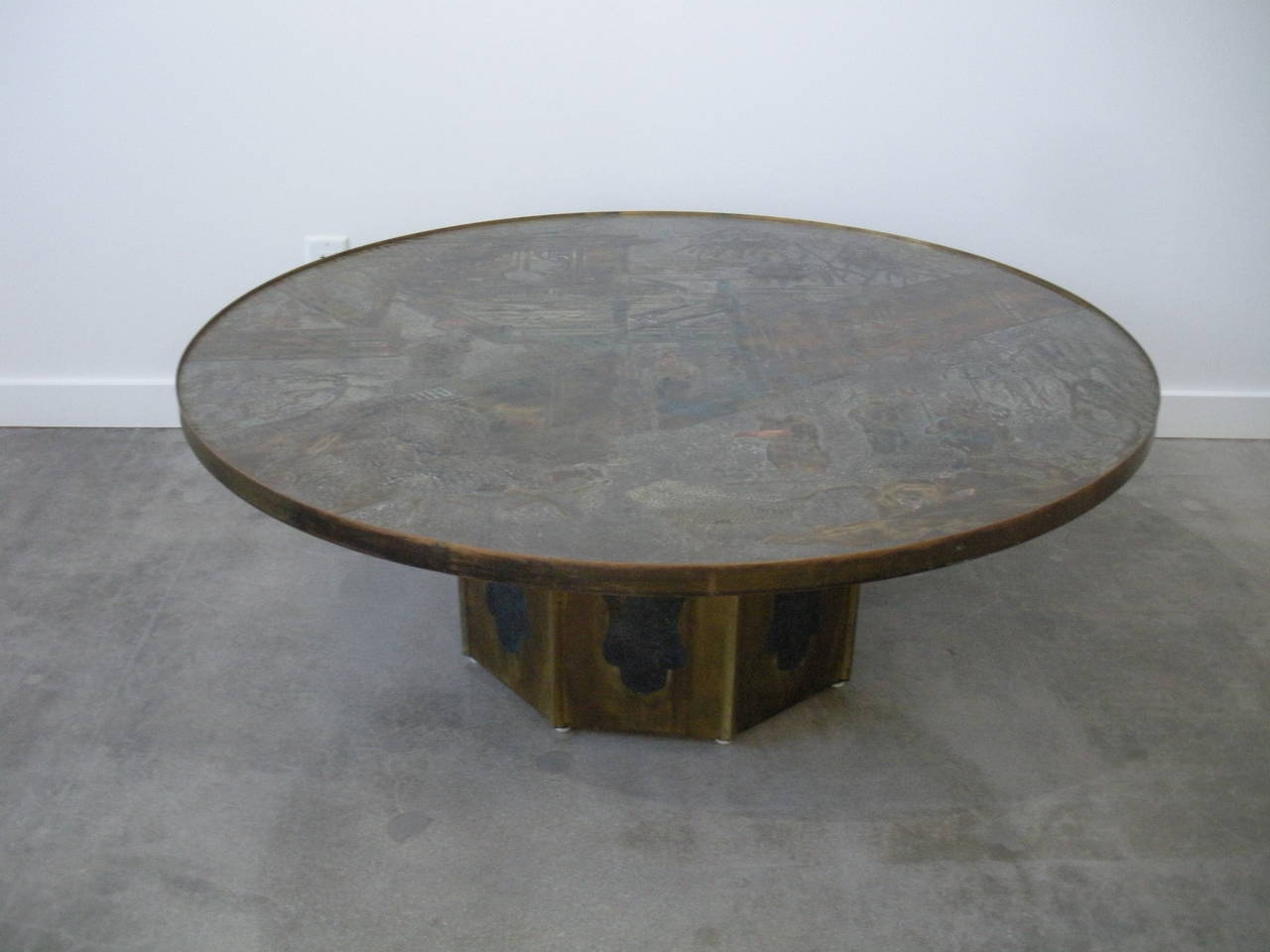 Beautiful LaVerne Chan bronze, pewter, and brass etched coffee table.
One owner original receipt.
