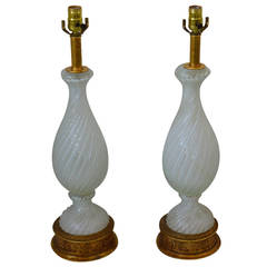 Mid-Century Pair of White Bullicante Murano Lamps:  Barovier e Toso 1950s