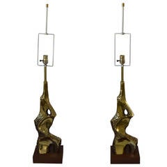 Pair of Brutalist Patinated-Bronze Lamps:  Tempestini for the Laurel Lamp Co.