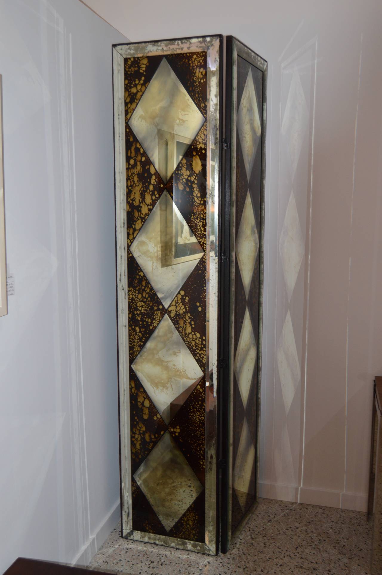 20th Century Pair of Dorothy Draper Style Eglomise-Mirrored Two-Panel Folding Screens