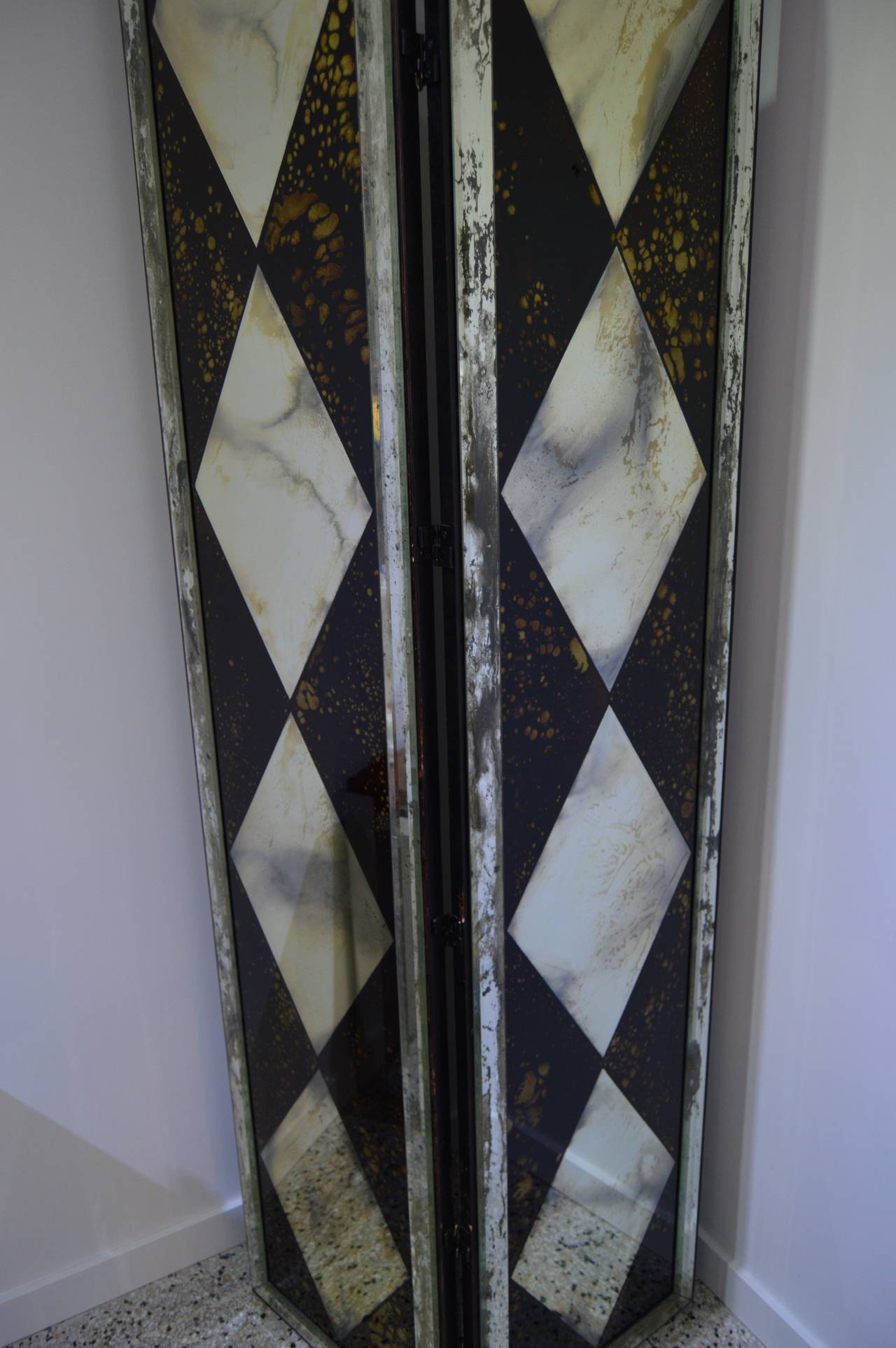 American Pair of Dorothy Draper Style Eglomise-Mirrored Two-Panel Folding Screens