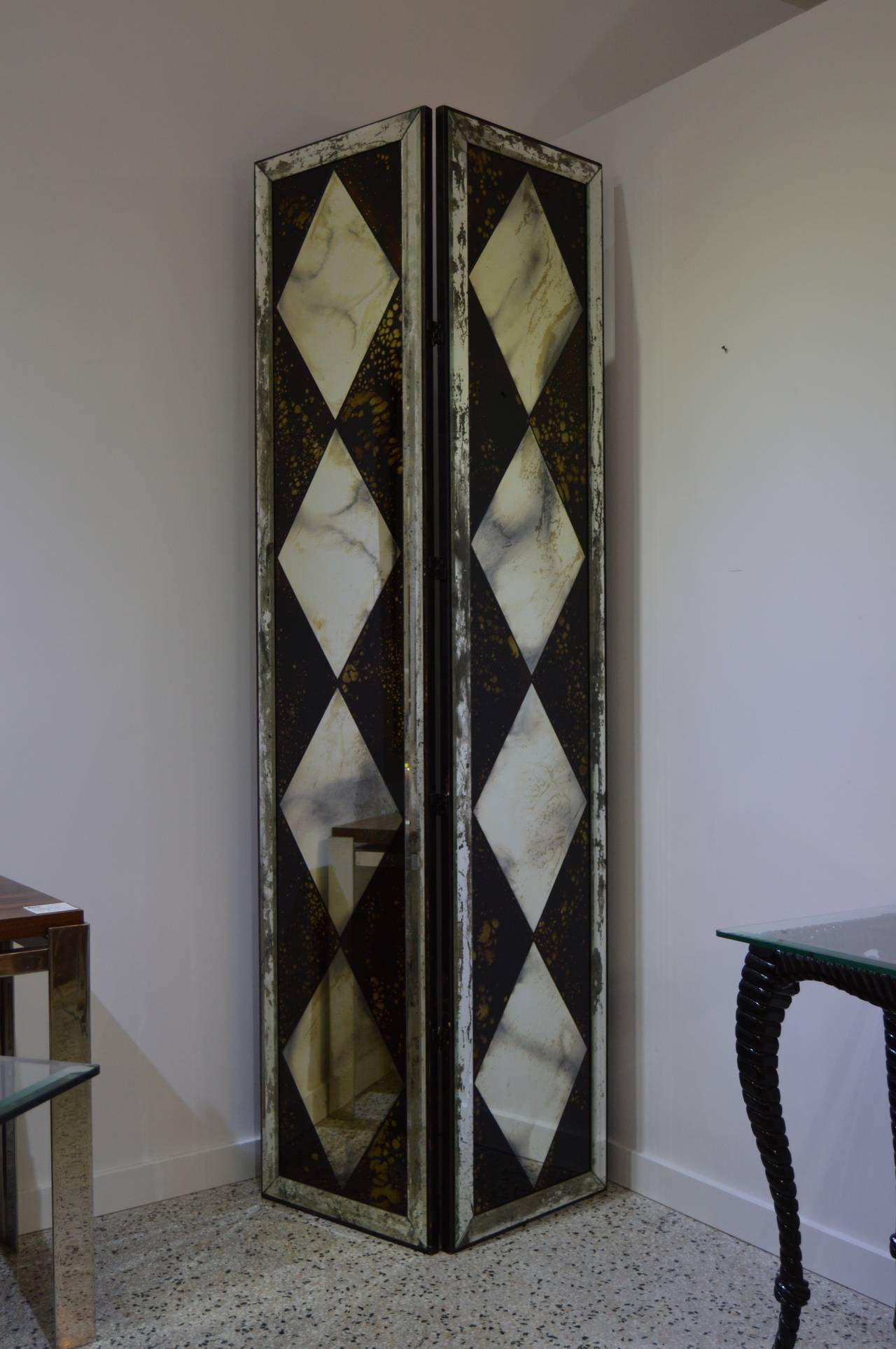 Glass Pair of Dorothy Draper Style Eglomise-Mirrored Two-Panel Folding Screens