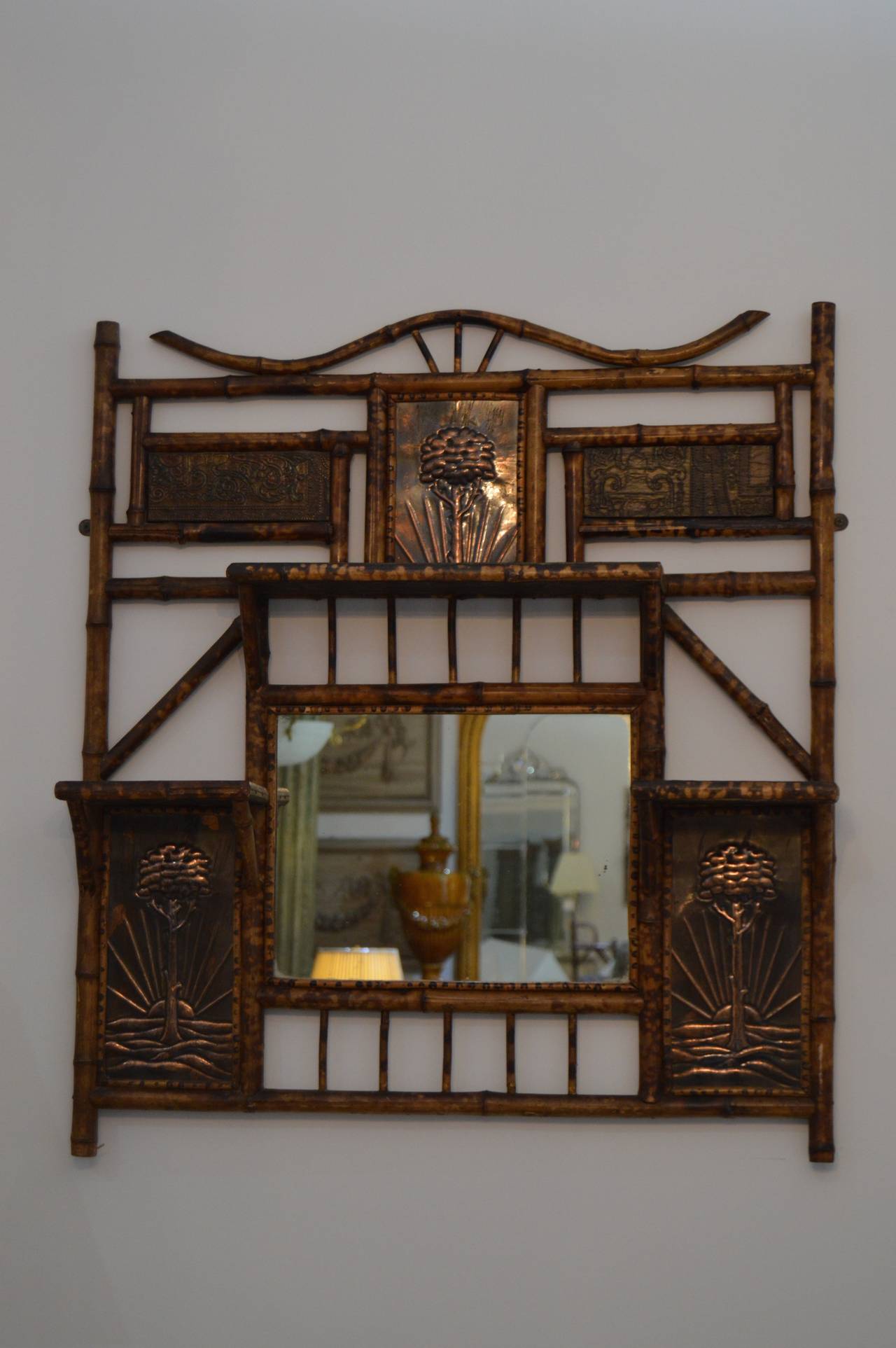19th Century Antique English Tortoise-Bamboo Mirror and Shelf with Copper Decor