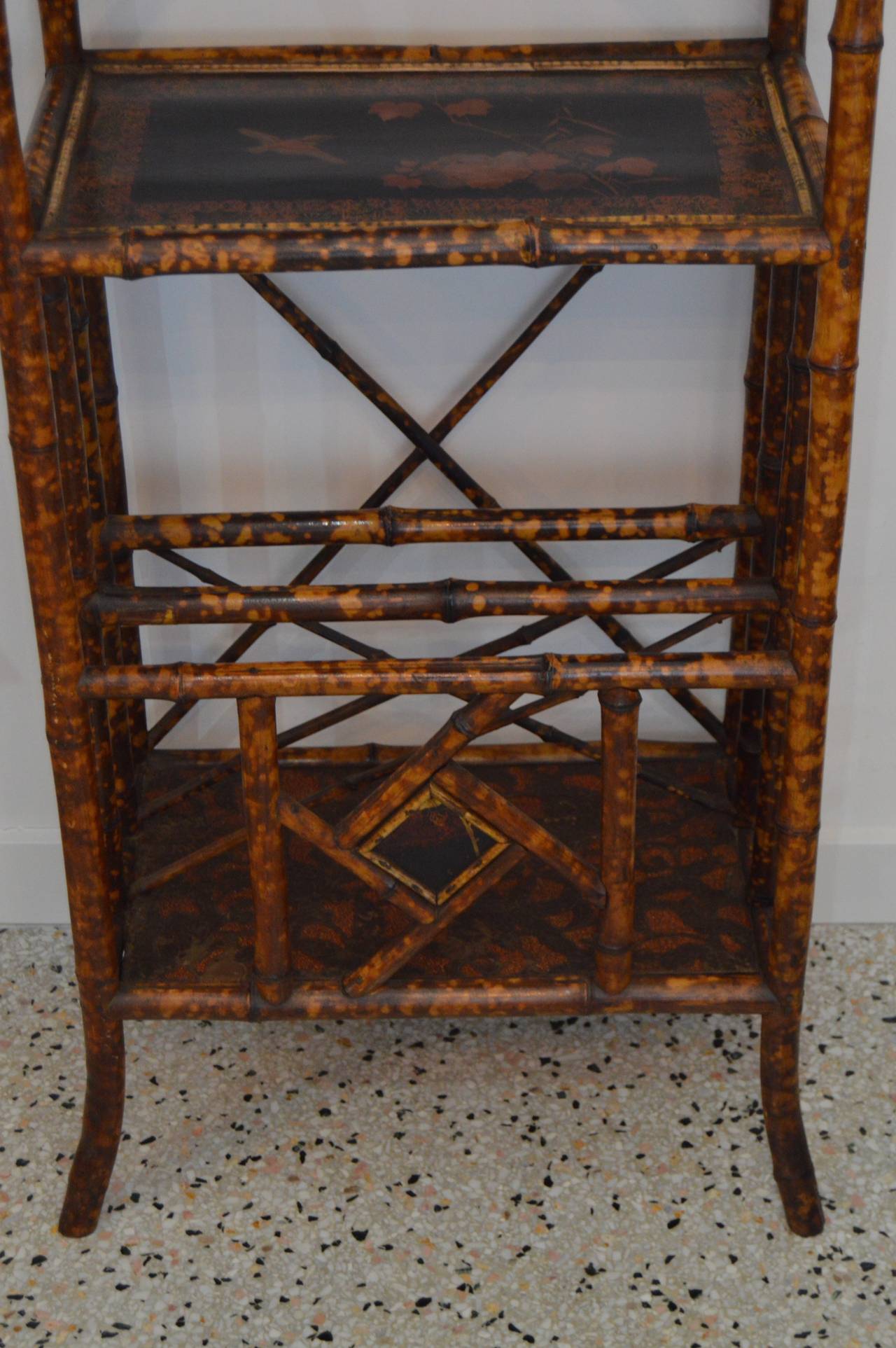 19th Century Antique English Tortoise-Bamboo Bookcase with Magazine Rack