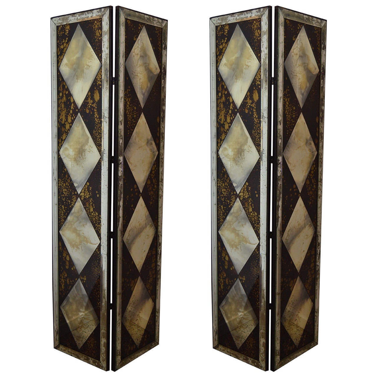 Pair of Dorothy Draper Style Eglomise-Mirrored Two-Panel Folding Screens