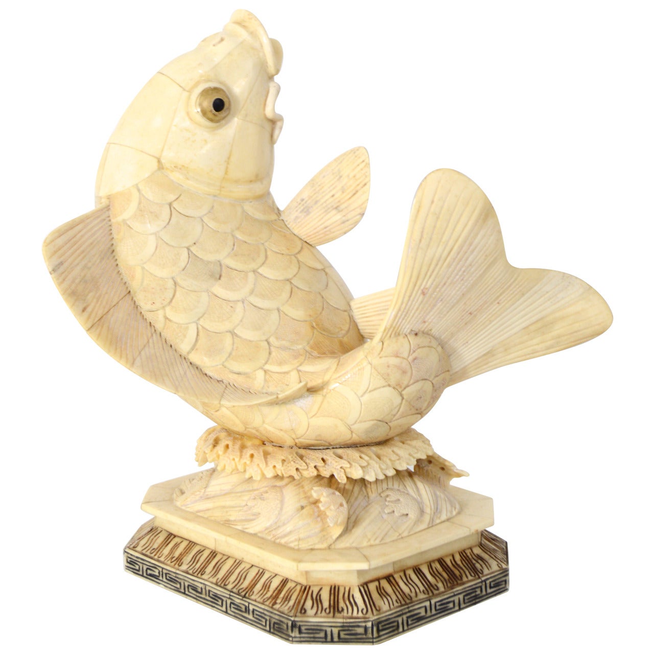 Antique Asian Carved-Bone Sculpture of a Koi:  1930s
