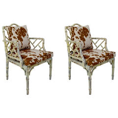 Pair of Hollywood Regency Faux Bamboo Arm Chairs with Upholstered Seats