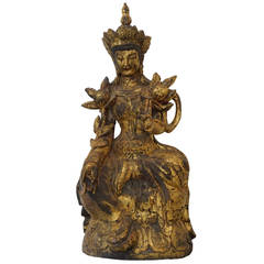 Sino-Tibetan Buddha of Carved Wood with a Gold Leaf Finish:  19th Century