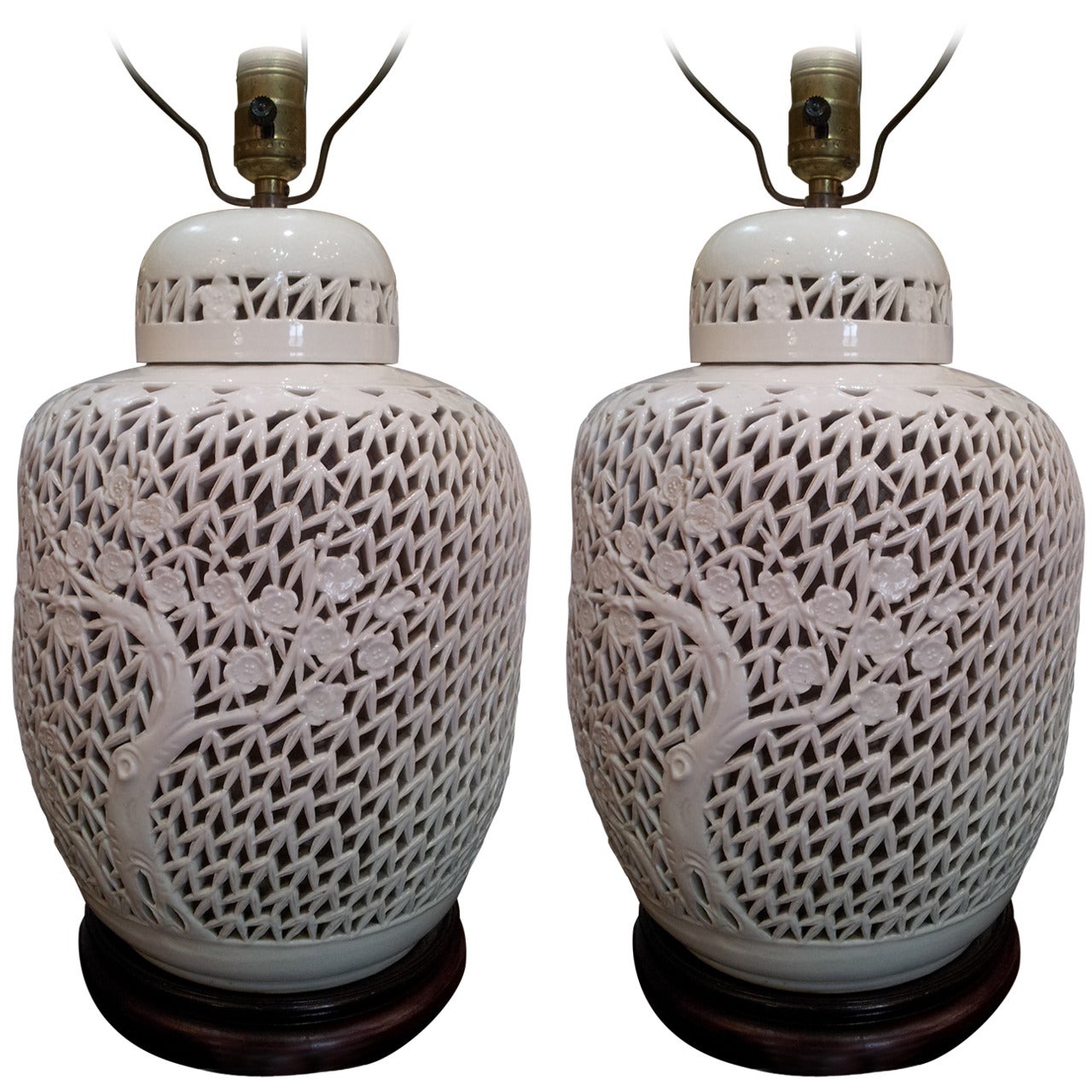 Pair of Pierced Blanc de Chine Lidded Ginger Jar Lamps:  Vintage 1930's