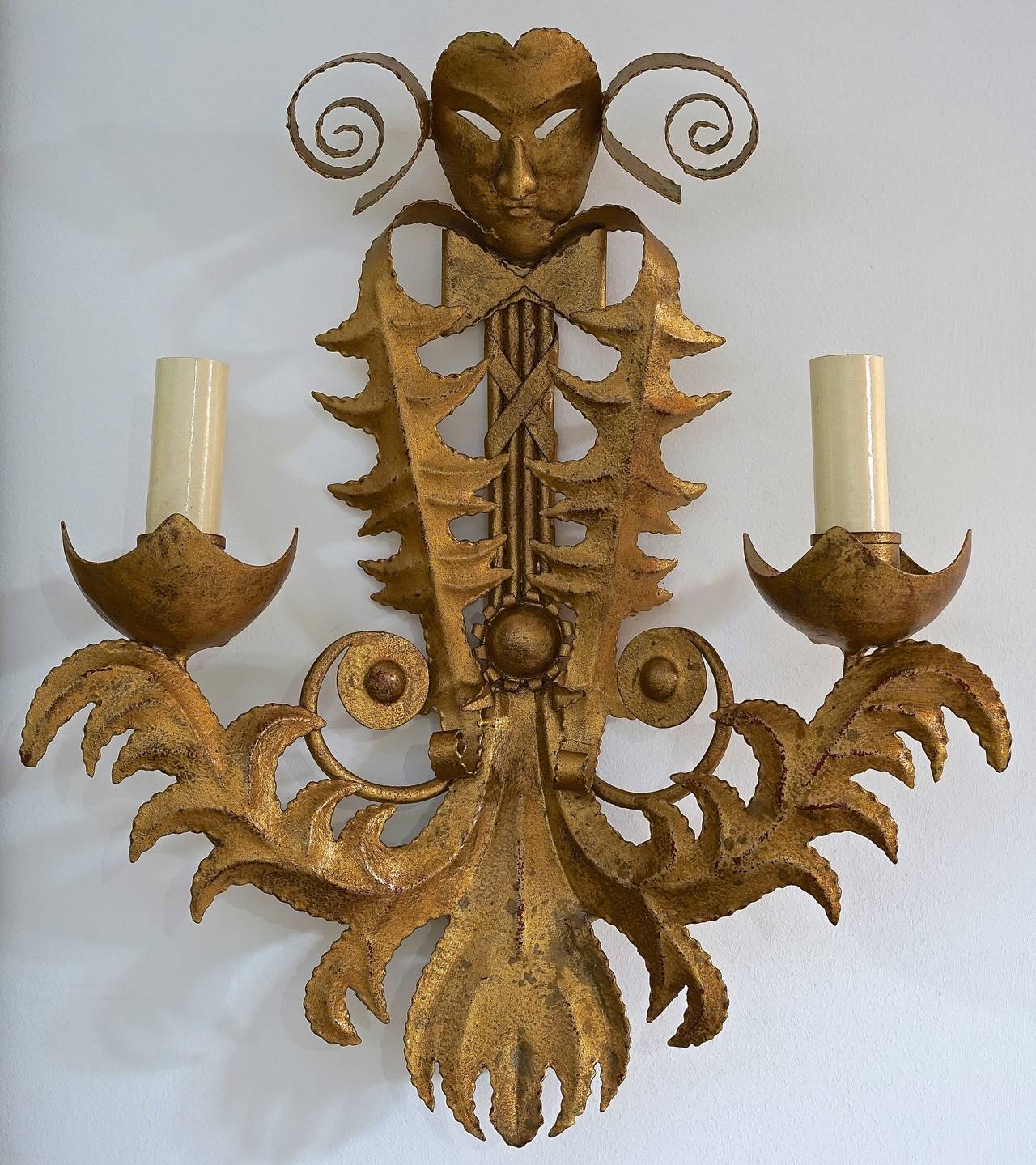 French Pair of Large-Scale, Gold-Bronze Finish, Art Deco-Style, Two-Light Wall Sconces