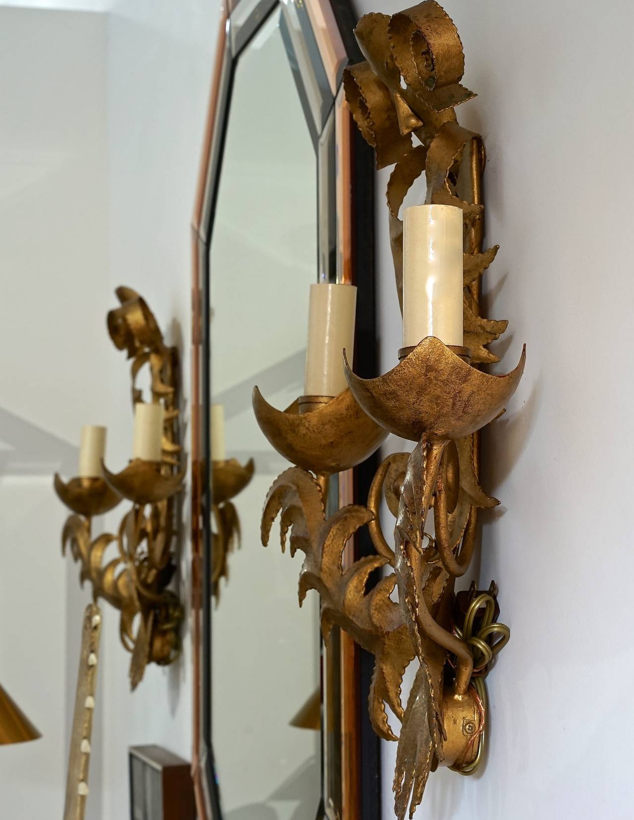 Metal Pair of Large-Scale, Gold-Bronze Finish, Art Deco-Style, Two-Light Wall Sconces