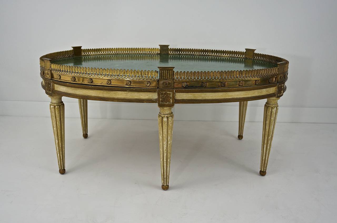 French Louis XVI Style Oval Painted Cocktail Table with Faux Malachite Top