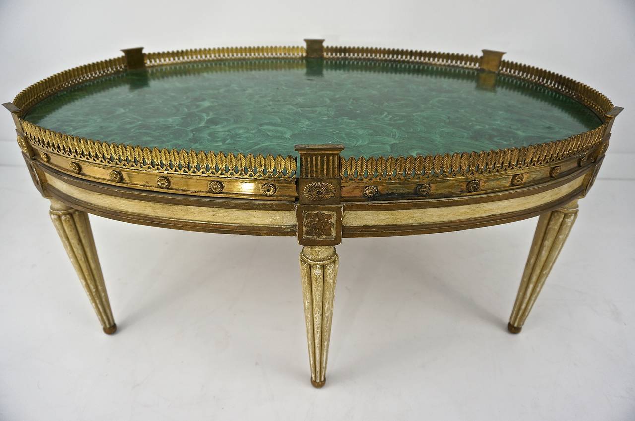 20th Century Louis XVI Style Oval Painted Cocktail Table with Faux Malachite Top