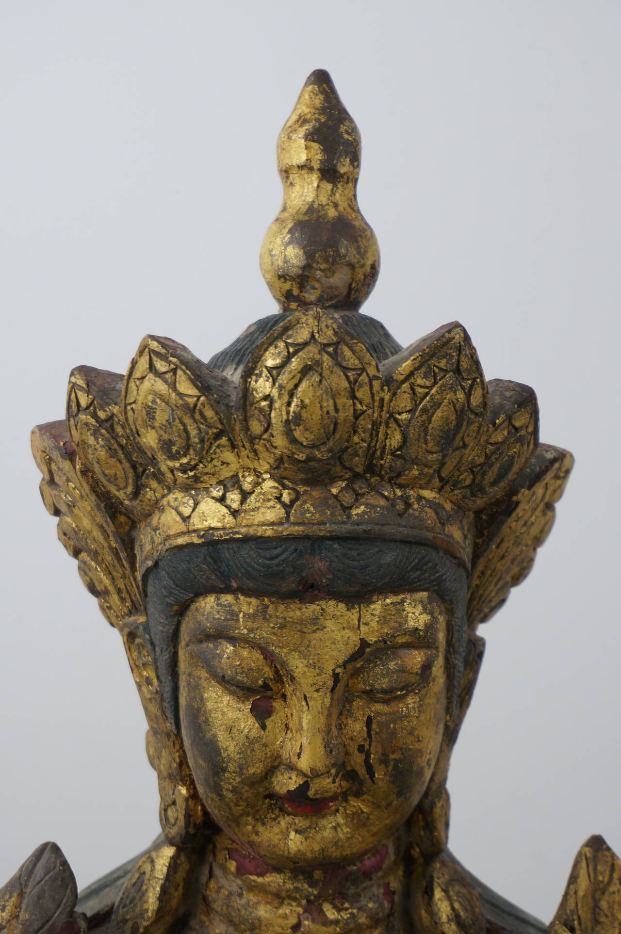 Sino-Tibetan Buddha of Carved Wood with a Gold Leaf Finish:  19th Century