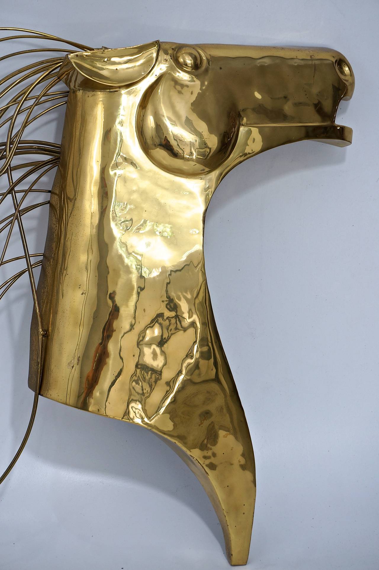 American Wall-Mount Brass Mustang Horse-Head Sculpture:  Curtis Jere 1984