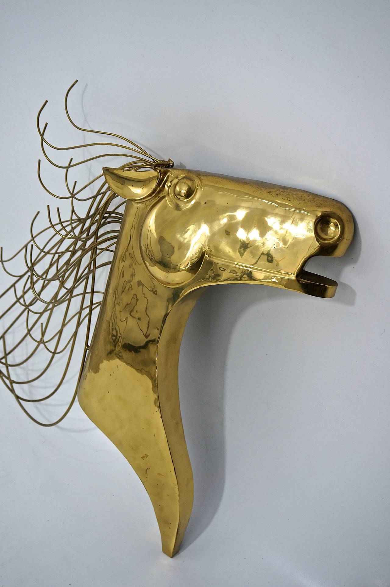 Wall-Mount Brass Mustang Horse-Head Sculpture:  Curtis Jere 1984 In Good Condition In West Palm Beach, FL