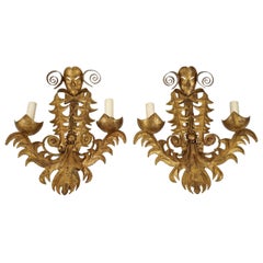 Pair of Large-Scale, Gold-Bronze Finish, Art Deco-Style, Two-Light Wall Sconces