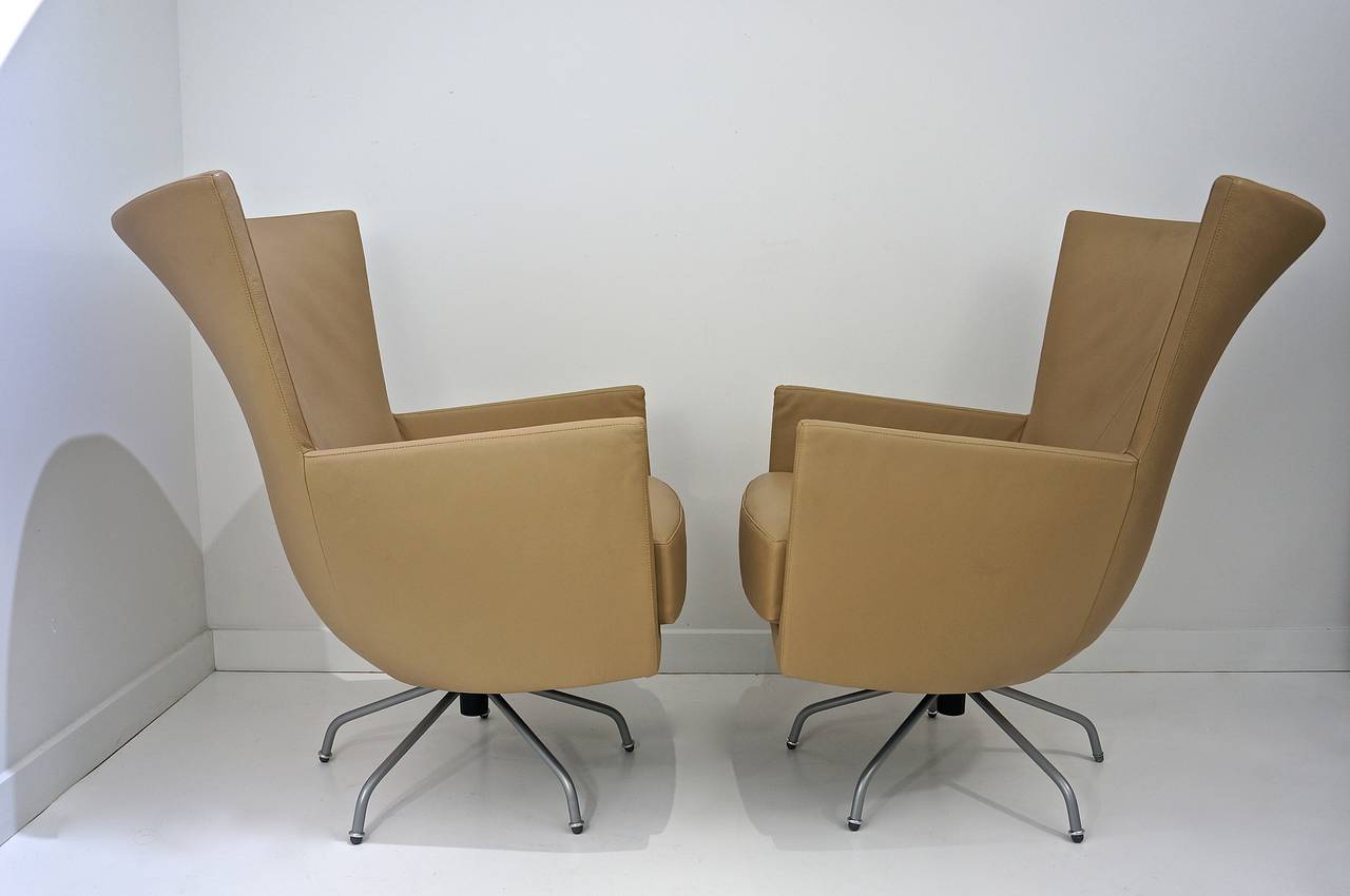 Pair of Modern, Italian, Swivel Lounge Chairs, Upholstered in Tan Color