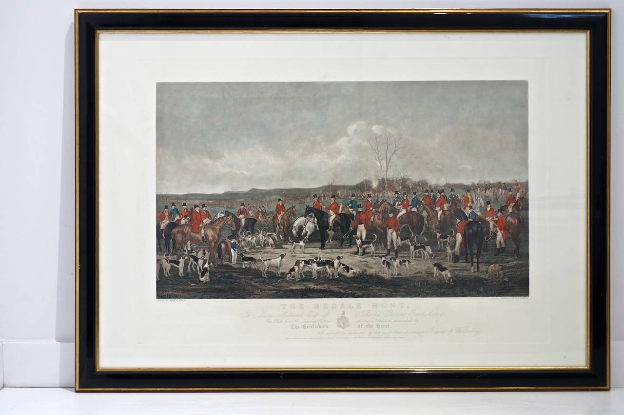 This pair of engraving are handsome in their high-gloss black lacquered and gold-toned frames. Each image capturing the spirit of the English fox hunt and its deep connection to the landed-gentry. 

These pieces were created one year apart from