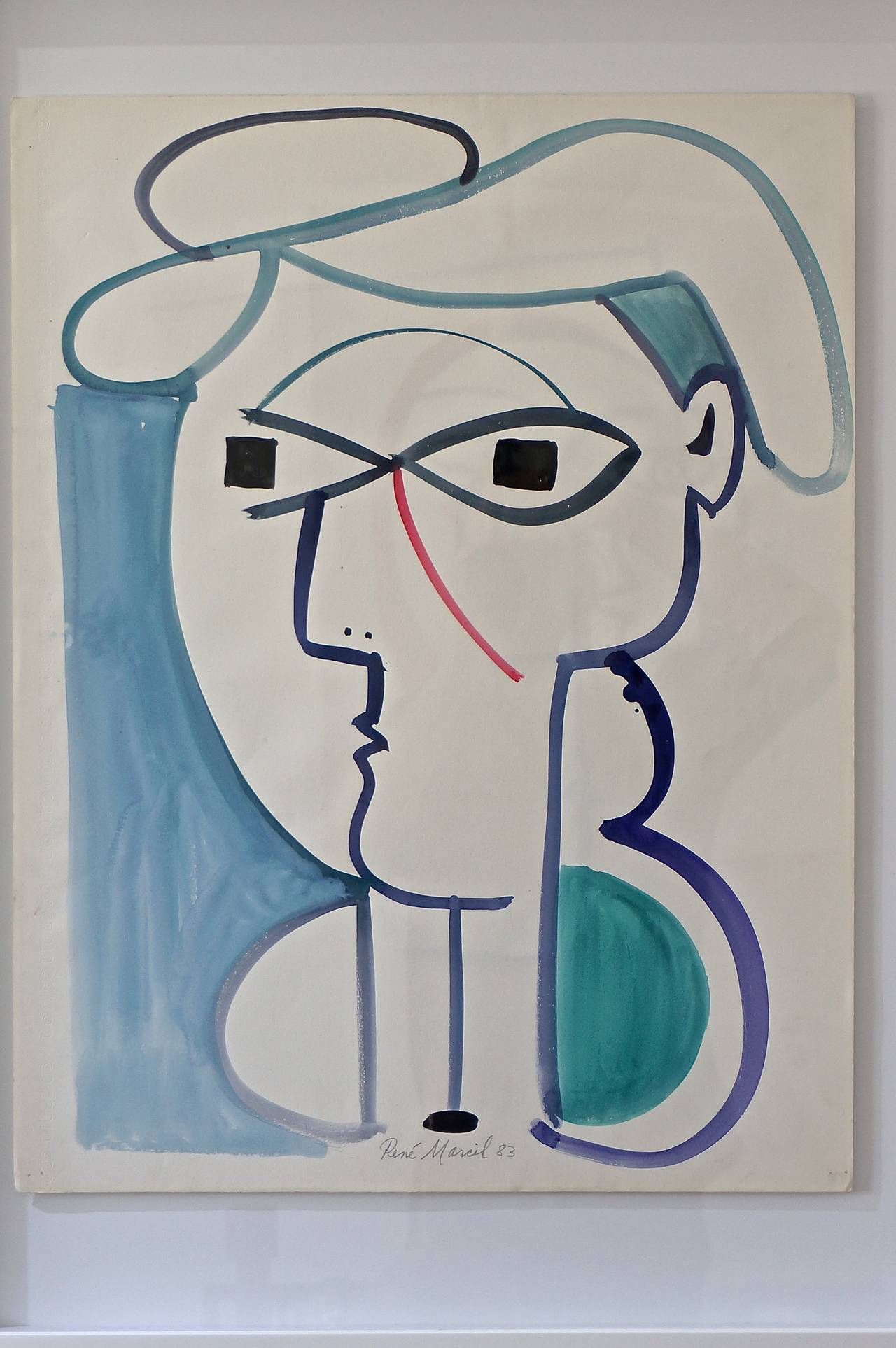 This piece depicts a woman with a stylilzed hat or hairpiece and is done in colors of blue-grey, black, red, aubergene and a deep seafoam green.  It is singed on the bottom center of the paper.  On the left side of the paper  (running vertically)