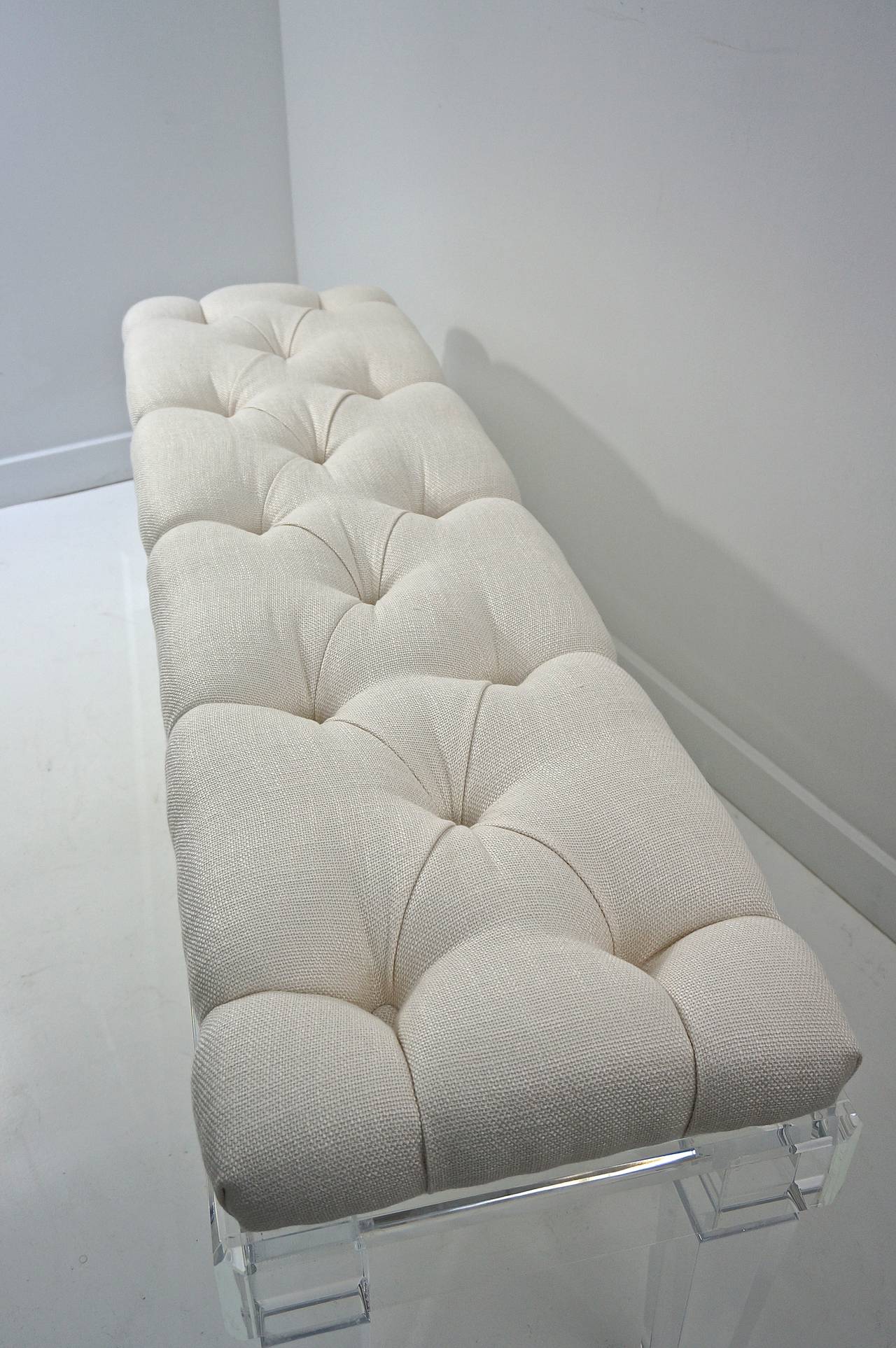 Polished Bespoke Contemporary Acrylic Bench with Button-Tuffted Upholstery