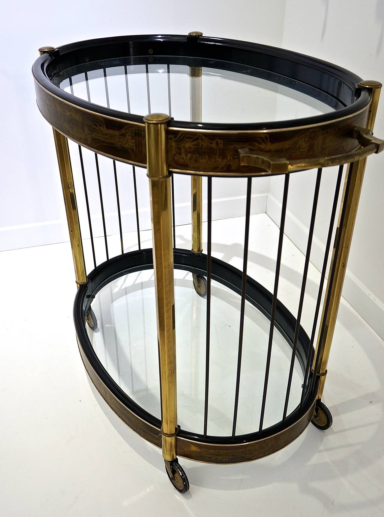 American Mid-Century Oval Brass Bar Cart or Trolley:  Bernard Rohne for Mastercraft