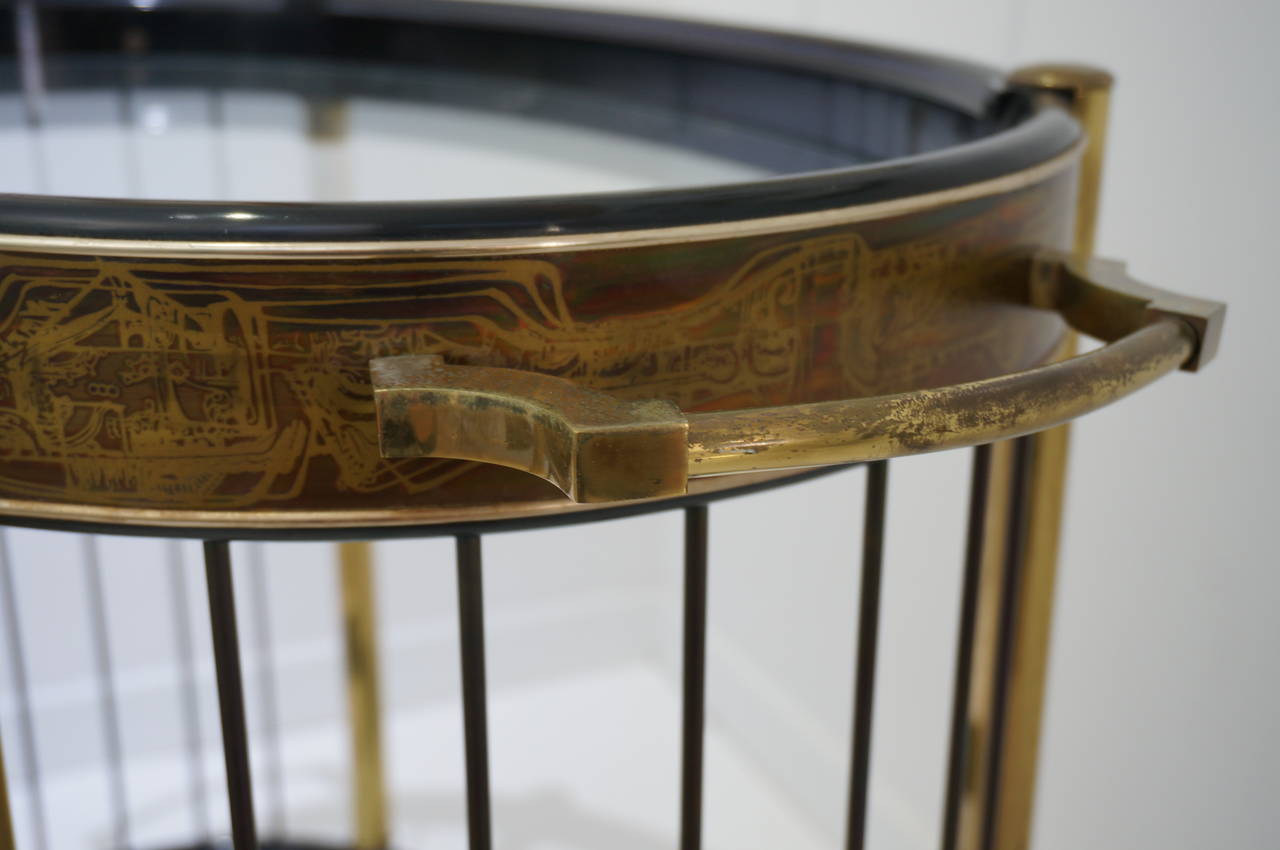Etched Mid-Century Oval Brass Bar Cart or Trolley:  Bernard Rohne for Mastercraft