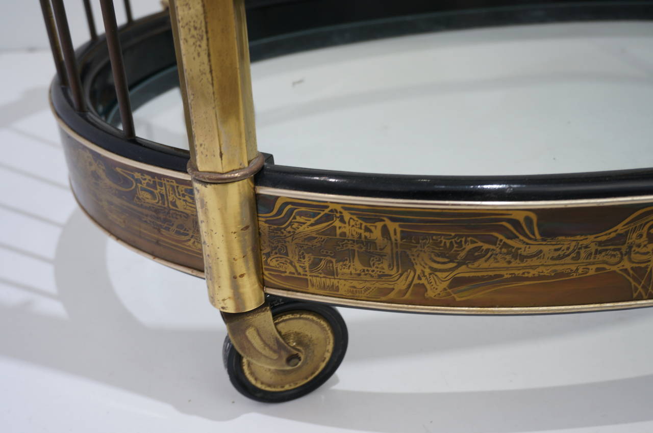 20th Century Mid-Century Oval Brass Bar Cart or Trolley:  Bernard Rohne for Mastercraft