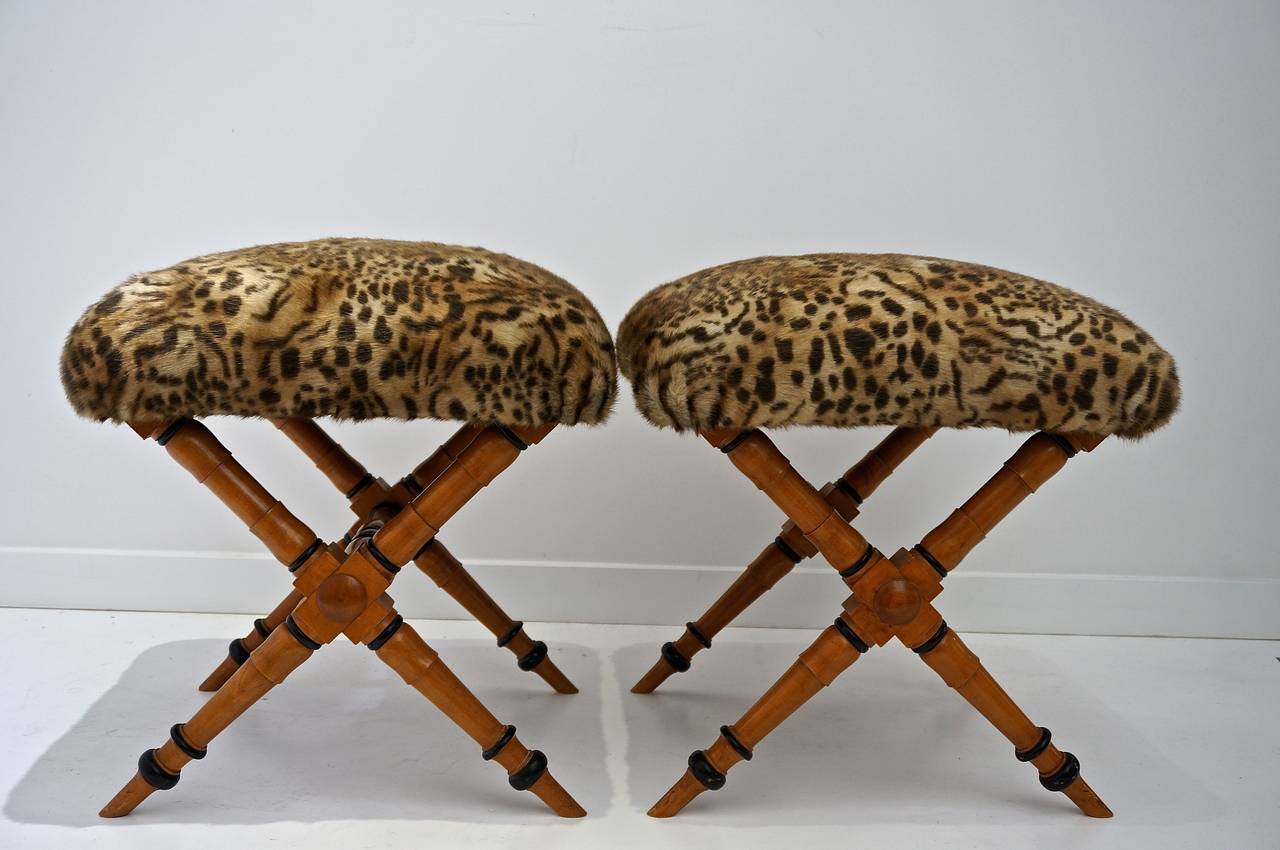 Polished Pair of Biedermeier Style X-Stools with Faux Fur Upholstery For Sale