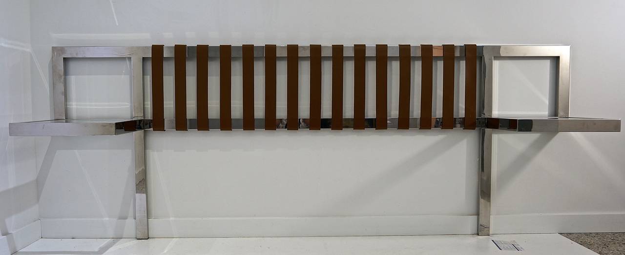 This rare queen-size wall-mount headboard was designed by Milo Baughman and manufacutured by Thayer Coggin Furniture Company in the 1970s.
  
