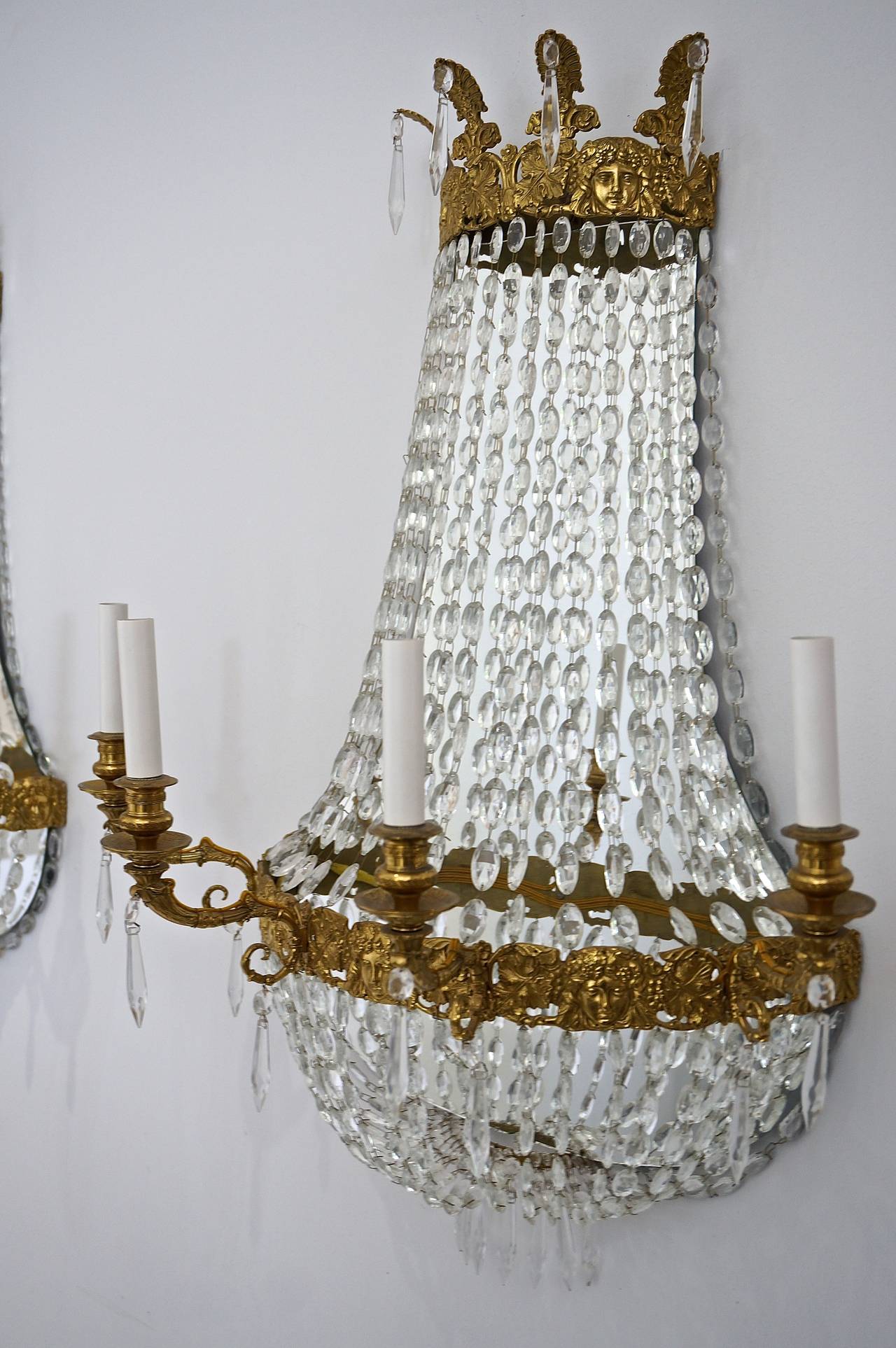 Pair of Large, French Empire Style Four-Light Wall Sconces with