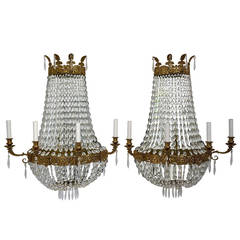 Pair of Large, French Empire Style Four-Light Wall Sconces with Mirrored Backs