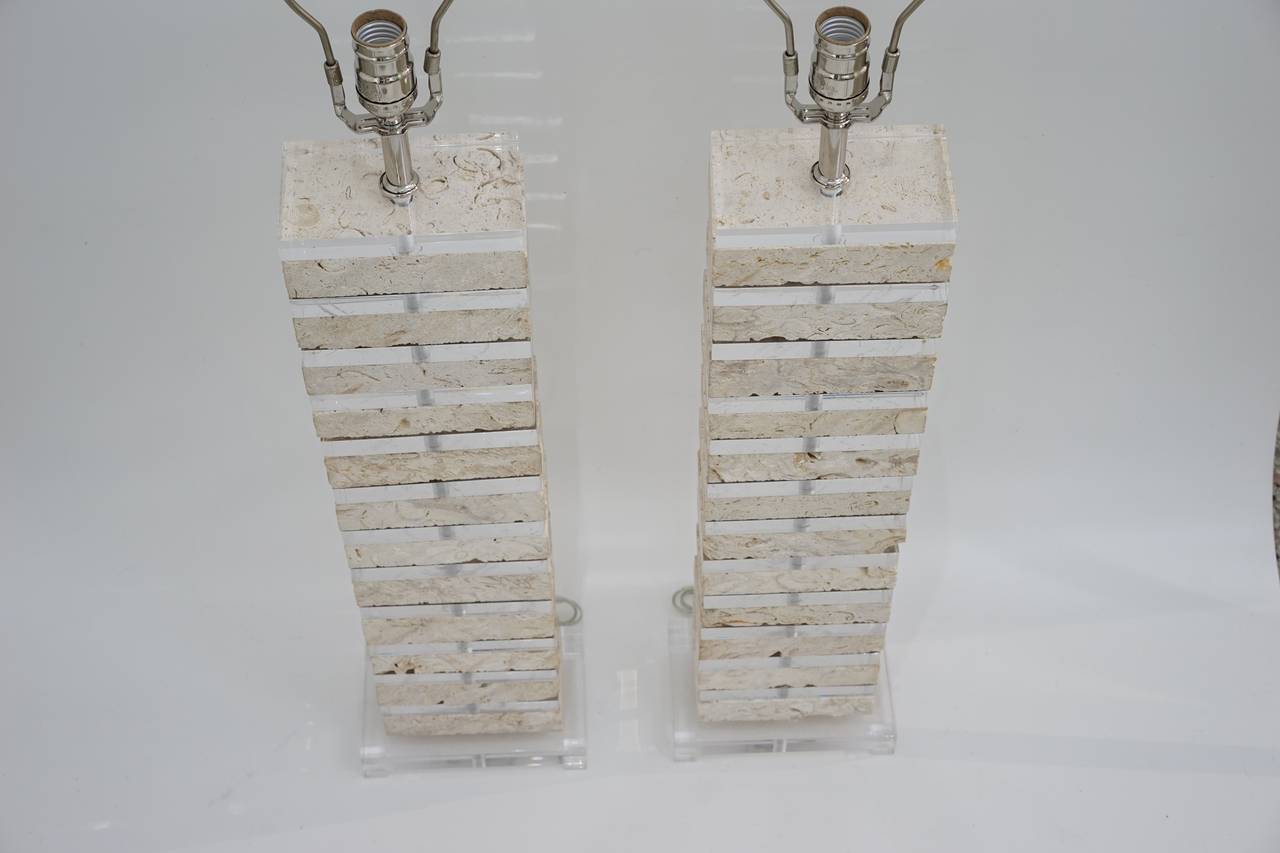 Pair of Karl Springer-Style Lucite and Coquina Coral/Stone Lamps 2