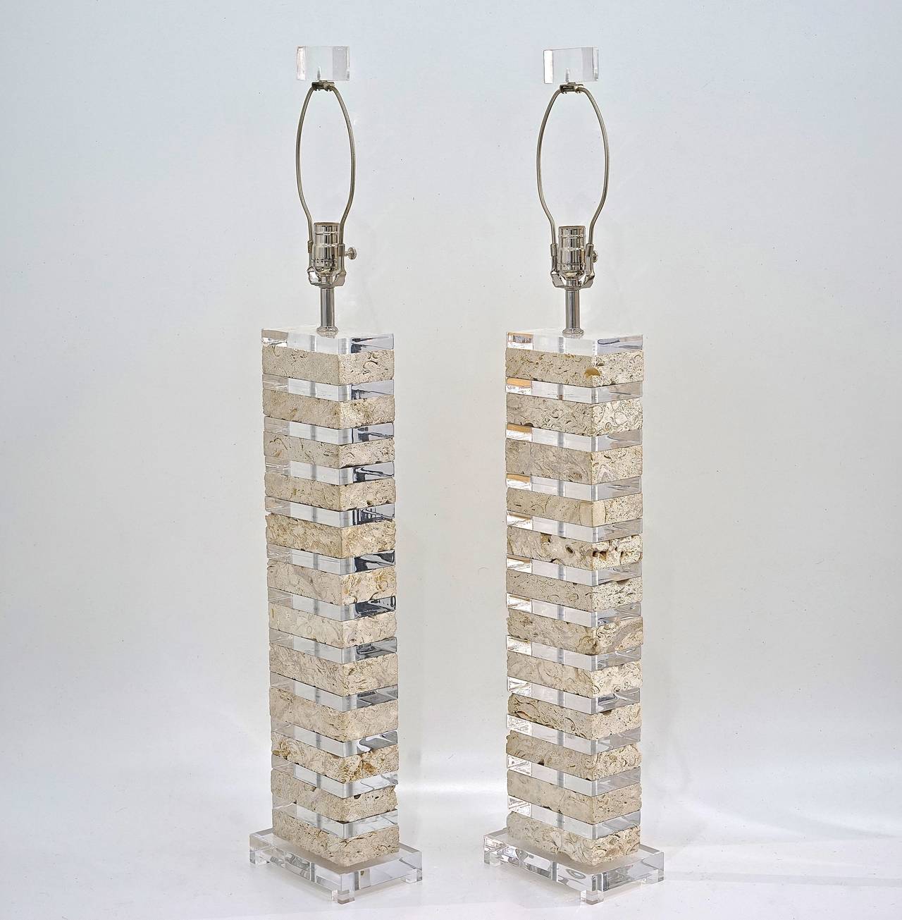 Modern Pair of Karl Springer-Style Lucite and Coquina Coral/Stone Lamps