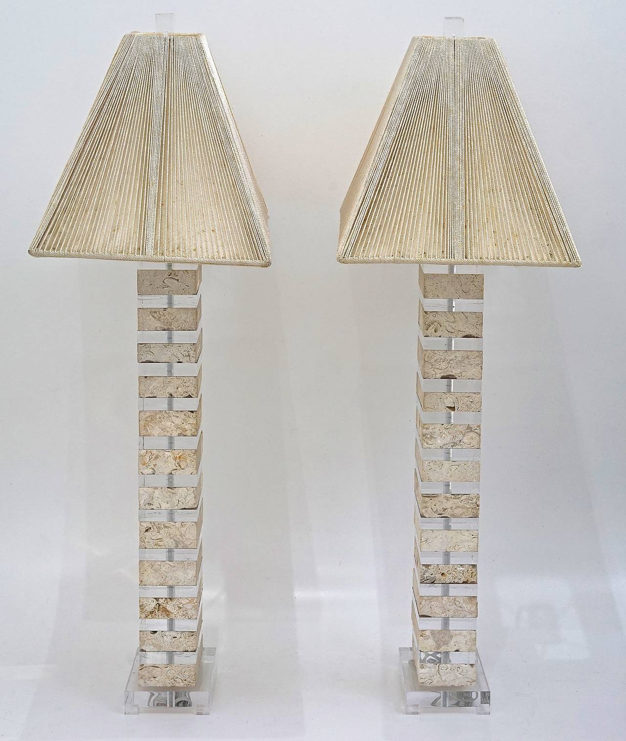 20th Century Pair of Karl Springer-Style Lucite and Coquina Coral/Stone Lamps