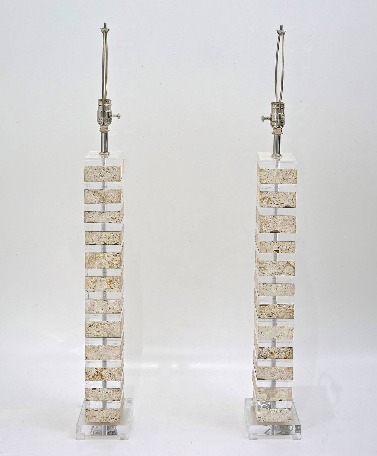 Pair of Karl Springer-Style Lucite and Coquina Coral/Stone Lamps In Excellent Condition In West Palm Beach, FL