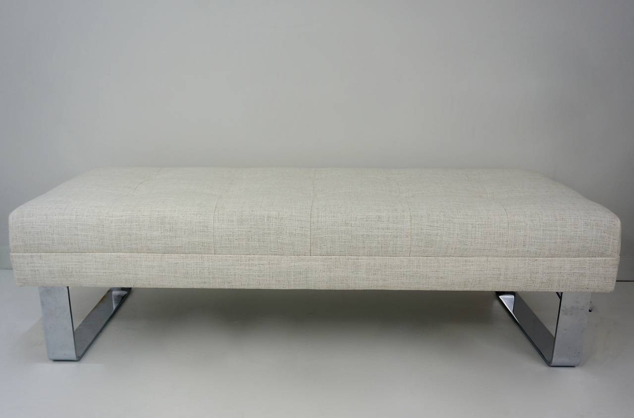Mid-Century Upholstered Bench with Polished Chrome by Milo Baughman, 1970s In Excellent Condition In West Palm Beach, FL