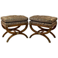 Pair of 19th Century Neo-Classic Curule X Stools with Upholstered Seats
