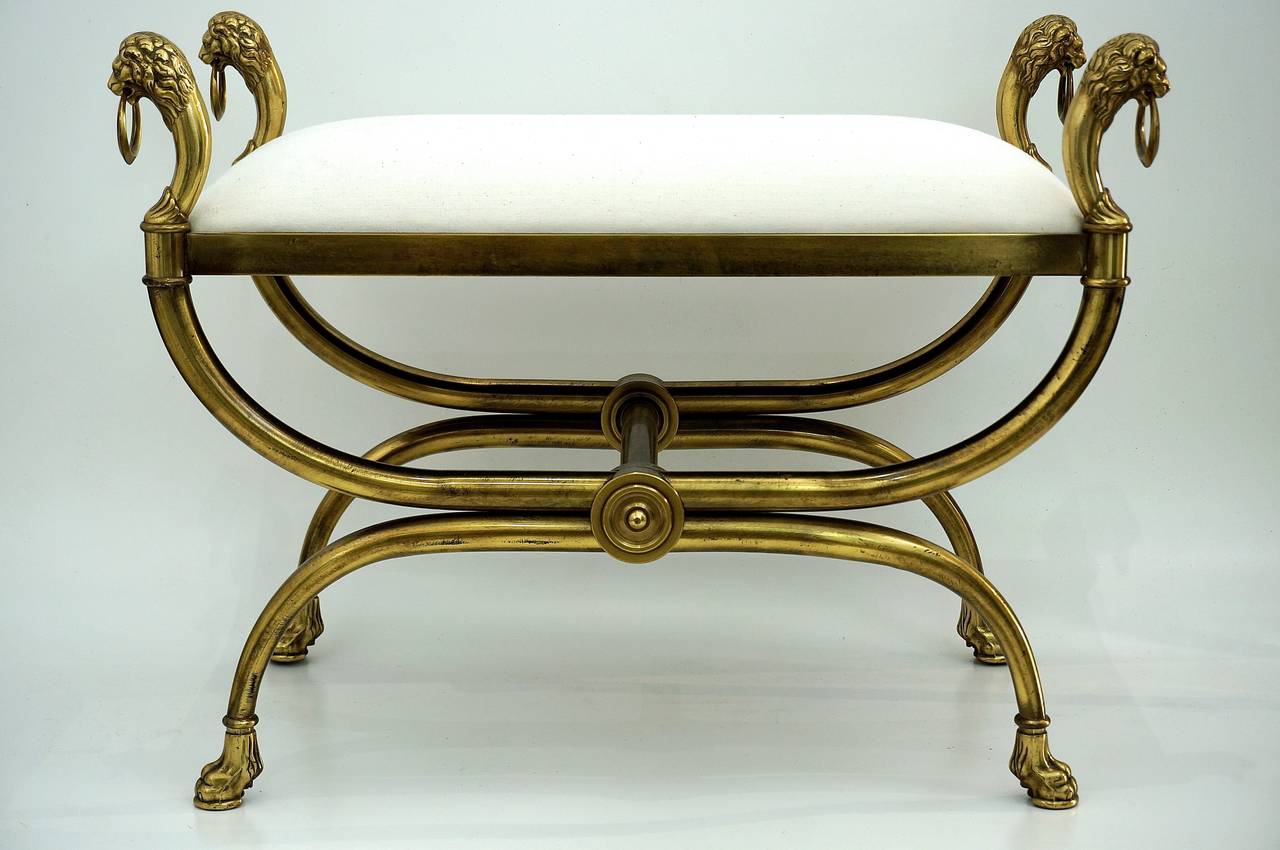 Mid-Century Regency-Style Curule Bench Brass with Lion Head and Paw Foot 4