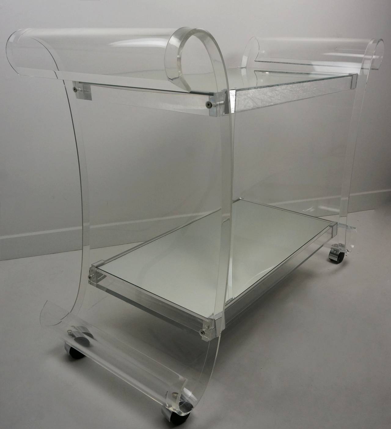 Lucite Bar Cart or Trolley with Mirrored Shelves, Charles Hollis Jones, 1970s 1