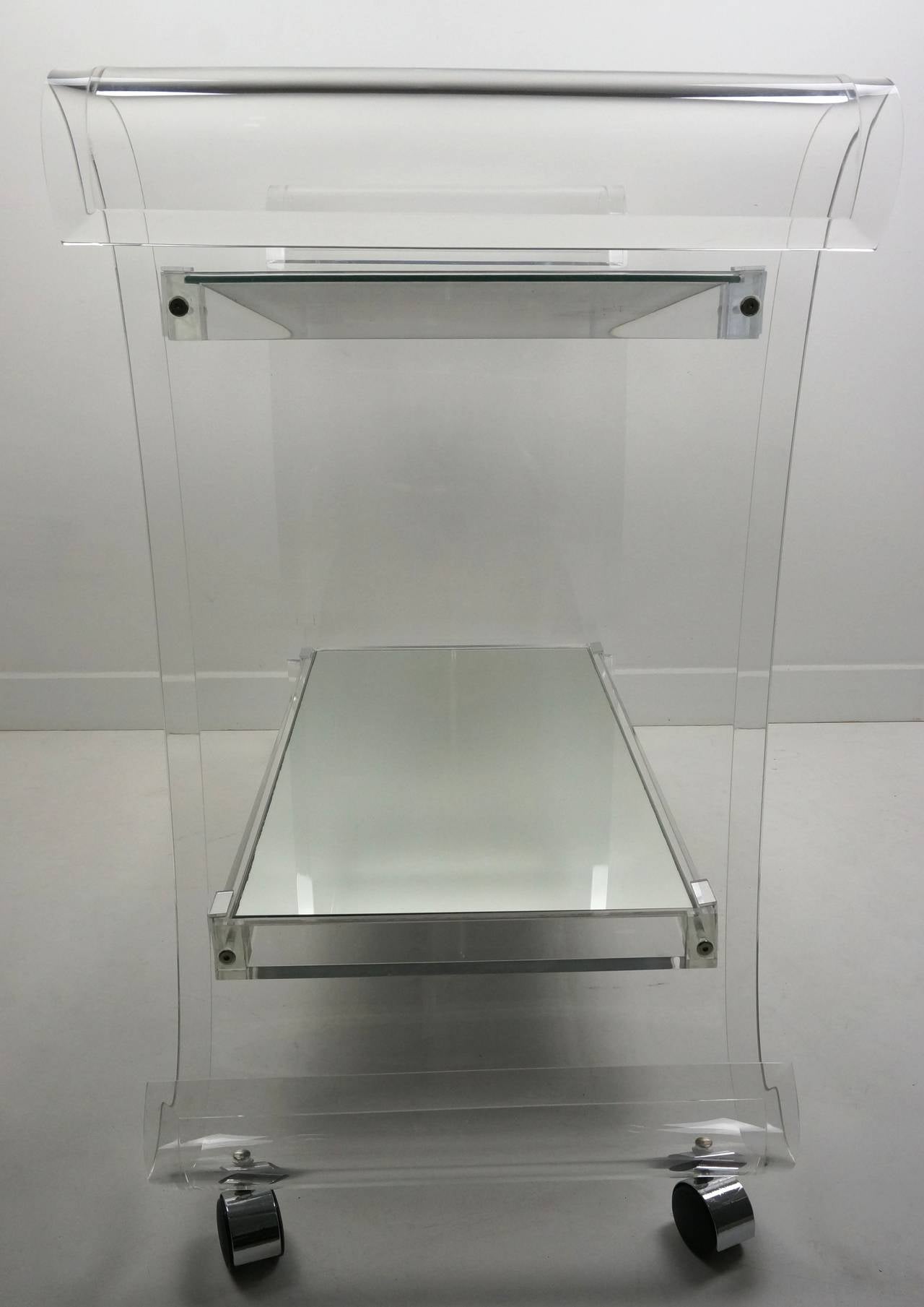 Late 20th Century Lucite Bar Cart or Trolley with Mirrored Shelves, Charles Hollis Jones, 1970s