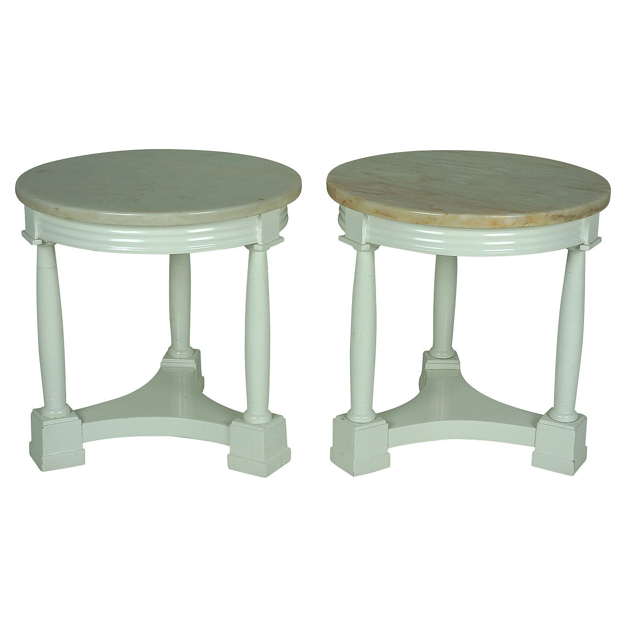 Pair of Hollywood Regency Side Tables in White Lacquer with Marble: 1940's