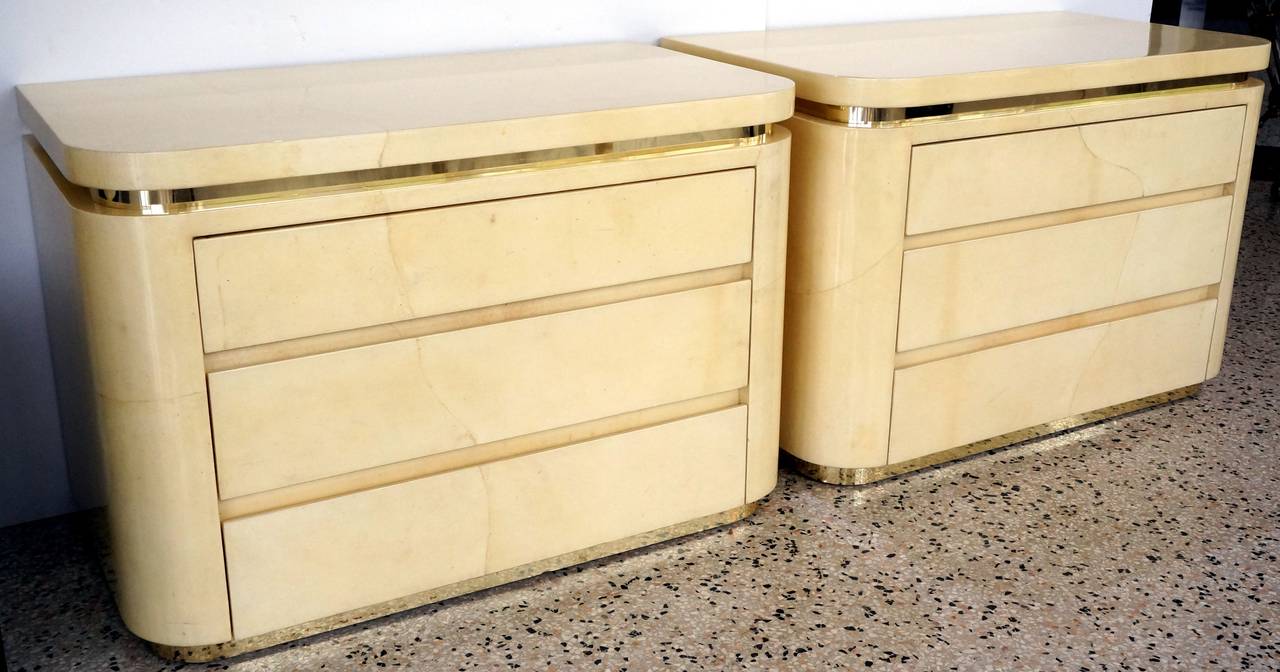 Colombian Pair of Enrique Garcel Style Goatskin Three-Drawer Bedside Chests, Jimeco, 1970s