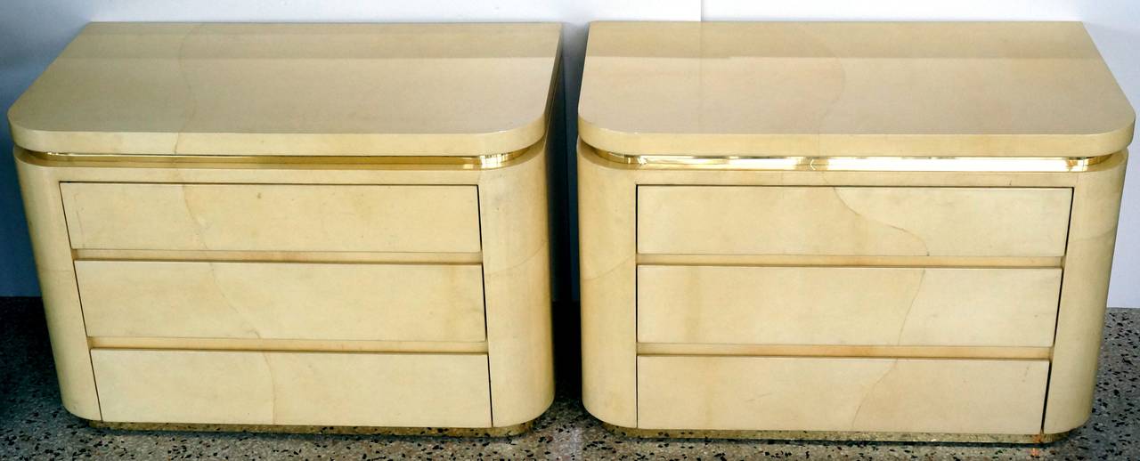 This pair of bedside three-drawer chests were created by Jimeco, Ltda in the 1970s. They were very much in the style of pieces created by Karl Springer.
Both Jimeco and Karl Springer had their pieces manufactured in Bogota, Columbia.

These chest