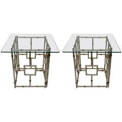 Pair of Hollywood Regency Style Faux Bamboo Silver Side Tables