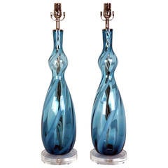 Pair of Midcentury Peacock-Blue and White Ribbon Lamps, Murano, 1960s