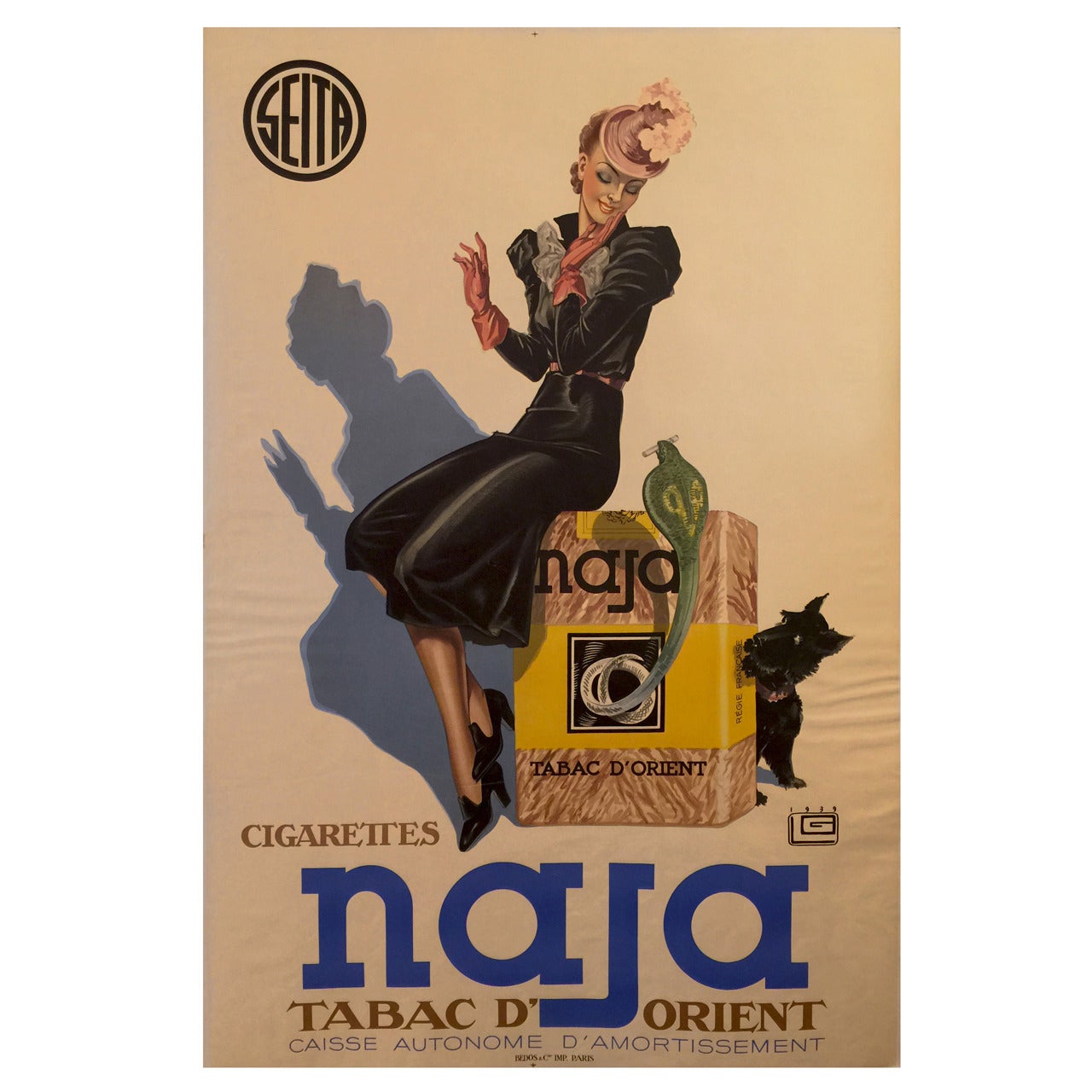 French Art Deco Period Advertisement Poster for Naja by Lelong, 1939 For Sale
