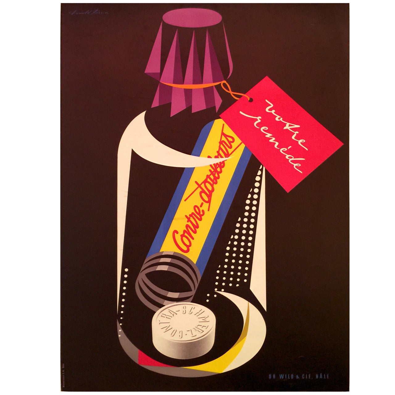 Swiss Mid-Century Modern Period Poster for Contre Douleurs by Donald Brun, 1950 For Sale